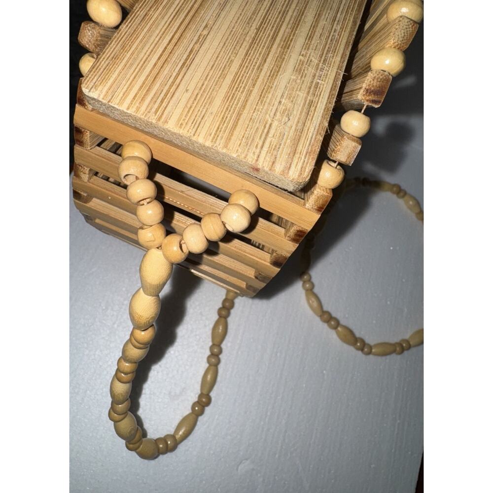 Handmade Bamboo Open Slats Round Cylinder Purse 8in Diameter With Shoulder Strap - Picture 7 of 8